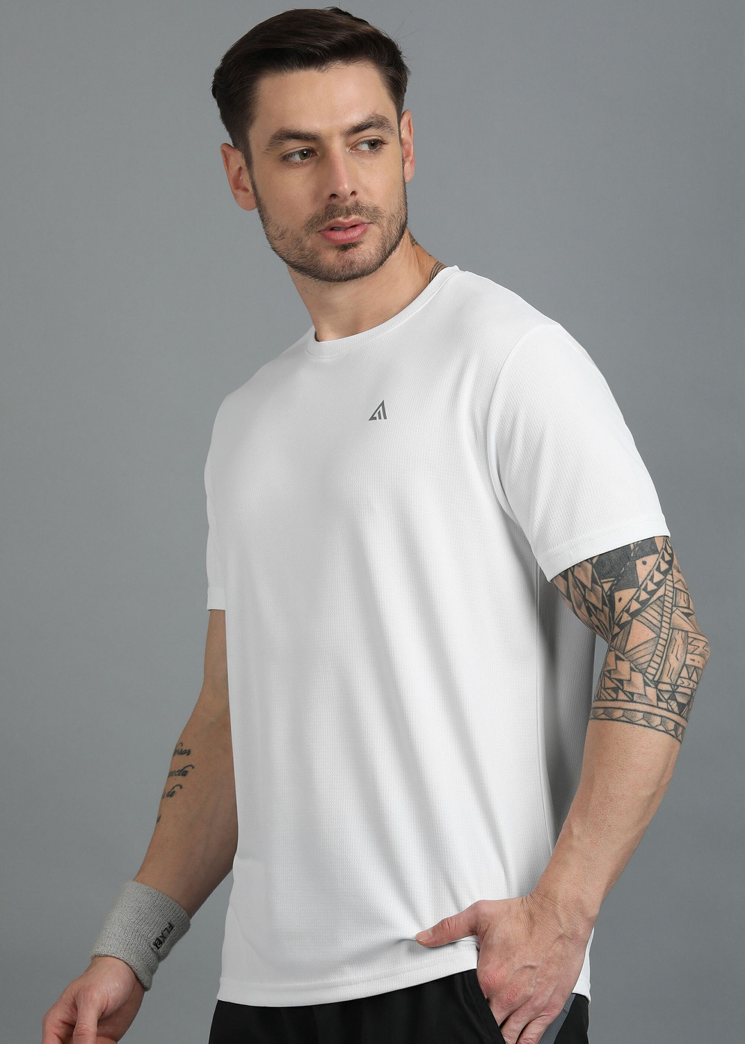 Image of Adrenex Men Solid Round Neck Polyester White T-Shirt