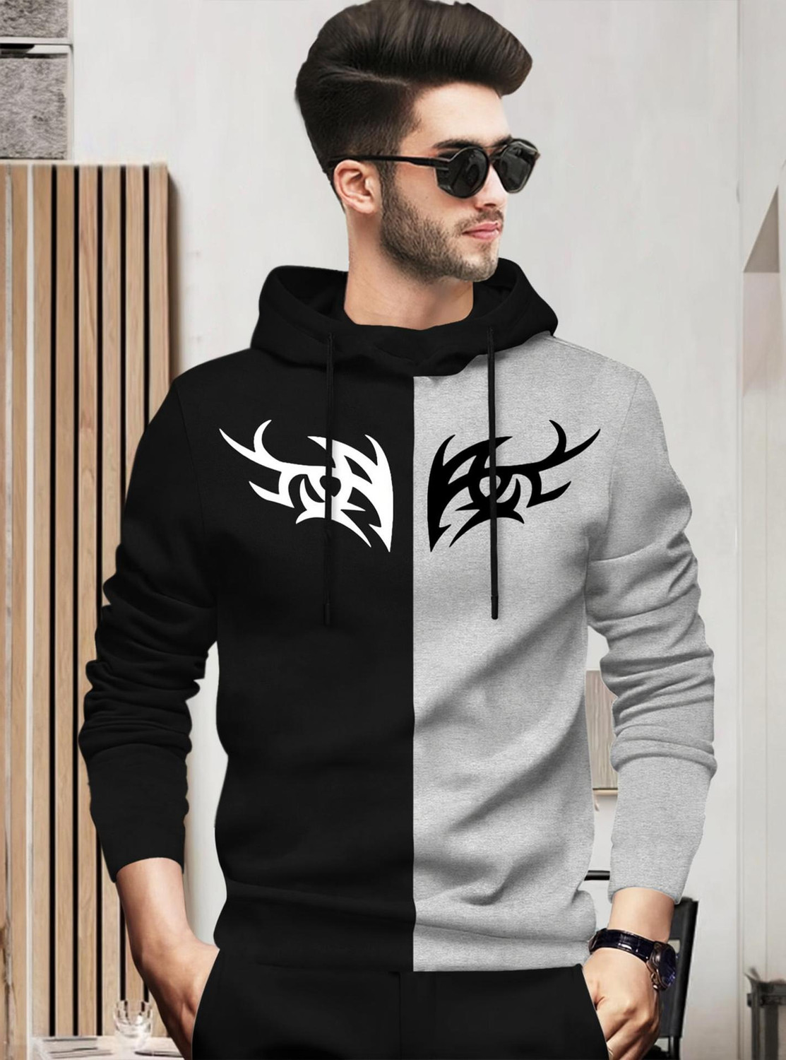 Image of BLIVE Men Printed Hooded Neck Cotton Blend Black, Grey T-Shirt