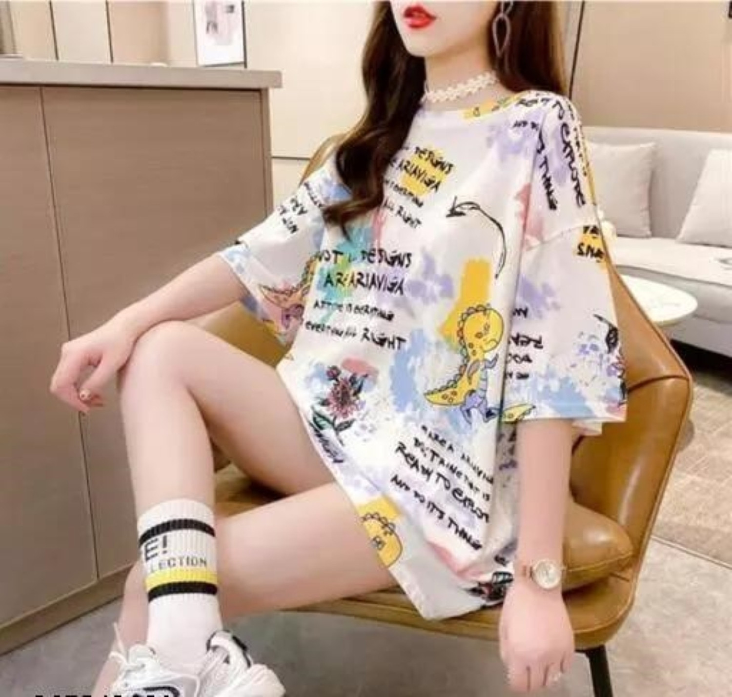 Image of RUBYKNITS Women Printed Round Neck Polyester White T-Shirt