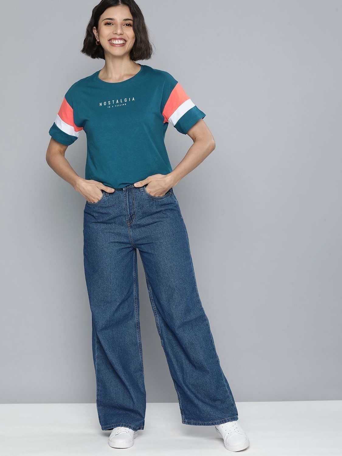 Image of Patche Women Colorblock Round Neck Pure Cotton Blue, White T-Shirt