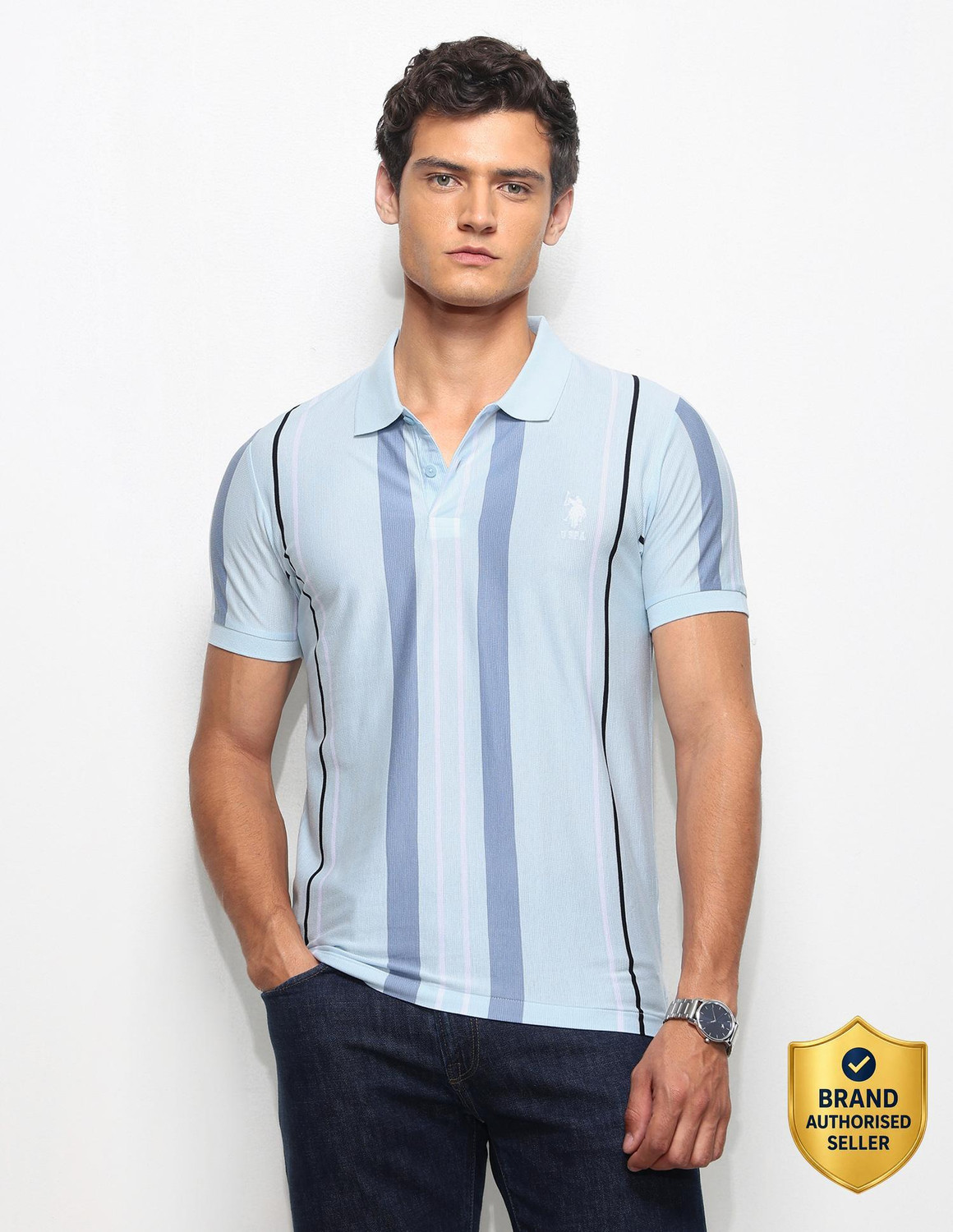 U.S. POLO ASSN. Blue Striped Polo Neck T-Shirt - Image 6