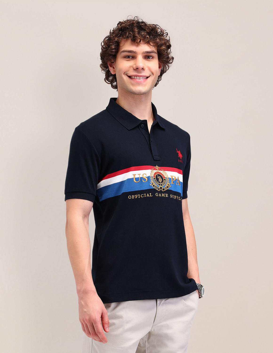 Image of U.S. POLO ASSN. Men Graphic Print Polo Neck Pure Cotton Blue T-Shirt