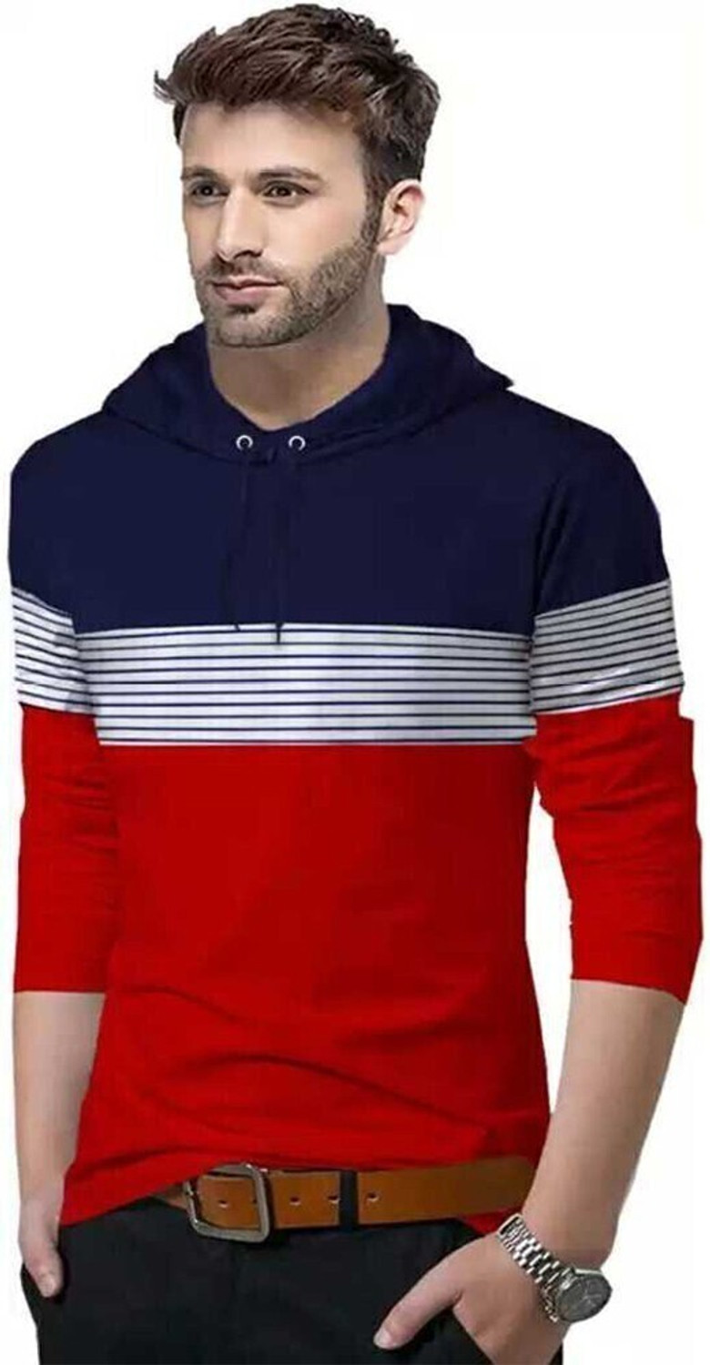 Image of BLIVE Men Printed Hooded Neck Cotton Blend Navy Blue, Red T-Shirt