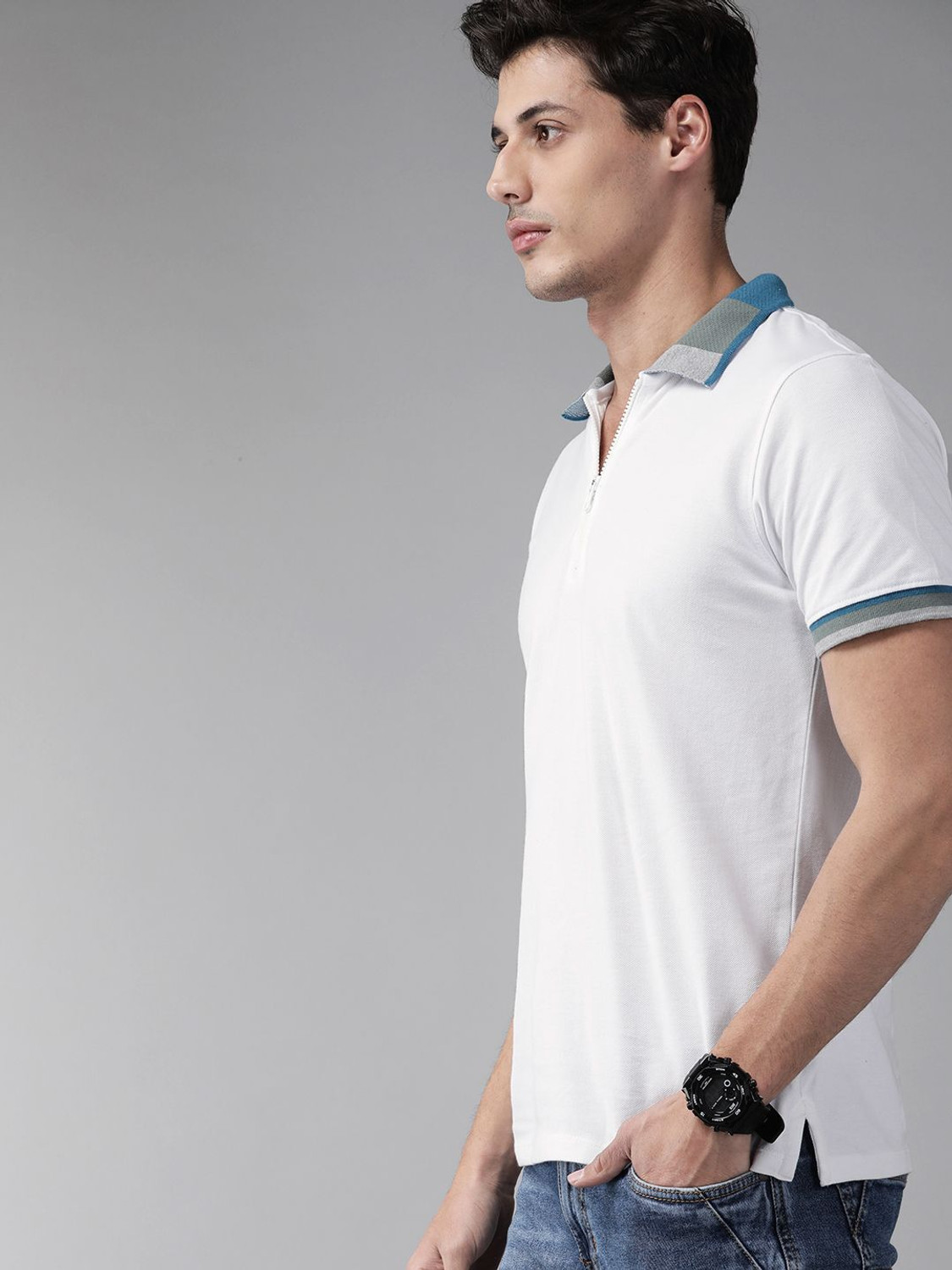 Image of Roadster Men Solid Polo Neck Pure Cotton White T-Shirt