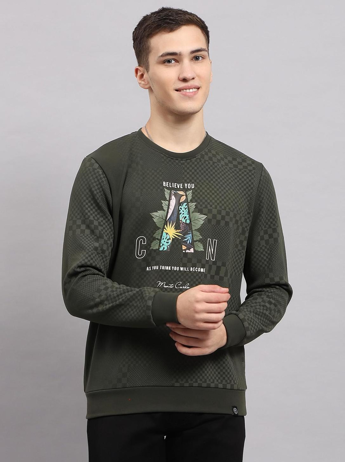 Image of MONTE CARLO Men Printed Hooded Neck Cotton Blend Grey T-Shirt
