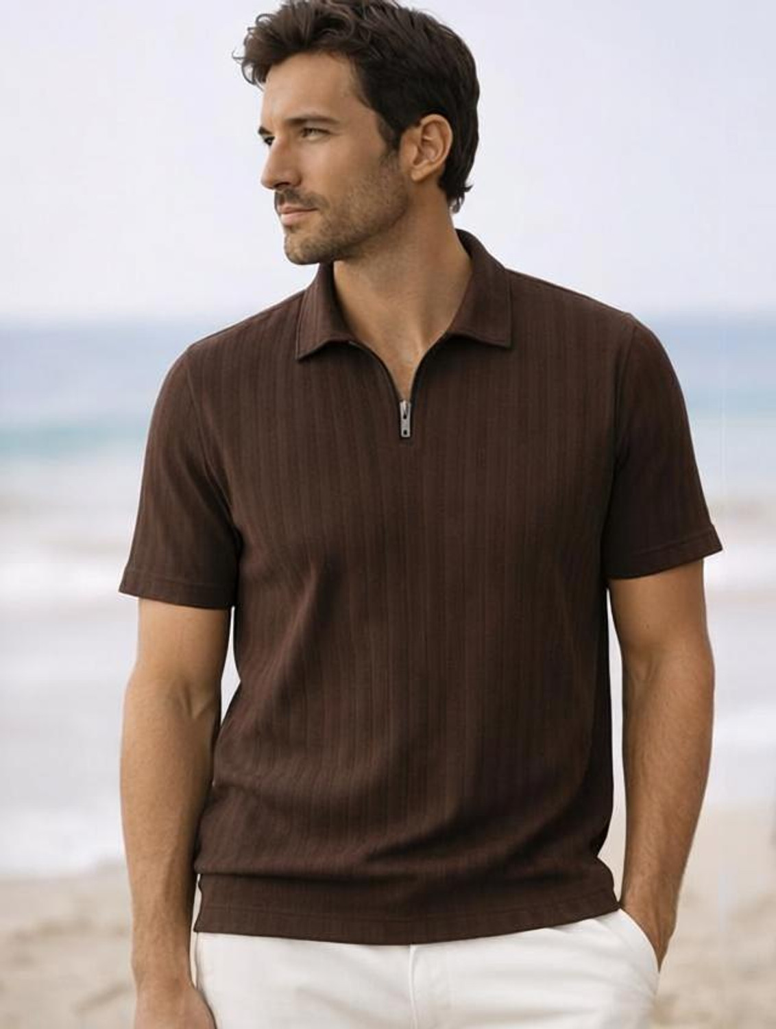Image of Roadster Men Solid Polo Neck Polycotton Brown T-Shirt