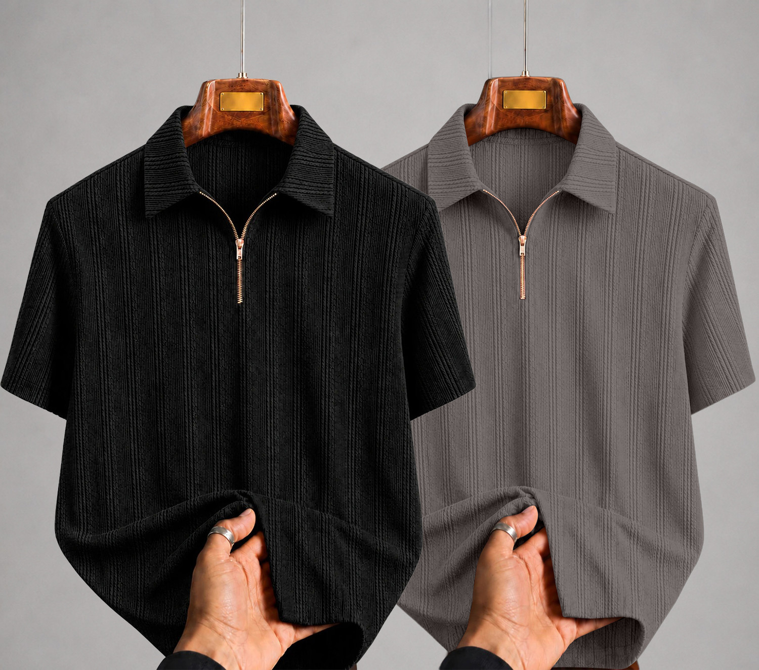 KAJARU Pack of 2 Men Self Design Zip Neck Polyester Black, Grey T-Shirt - Image 1