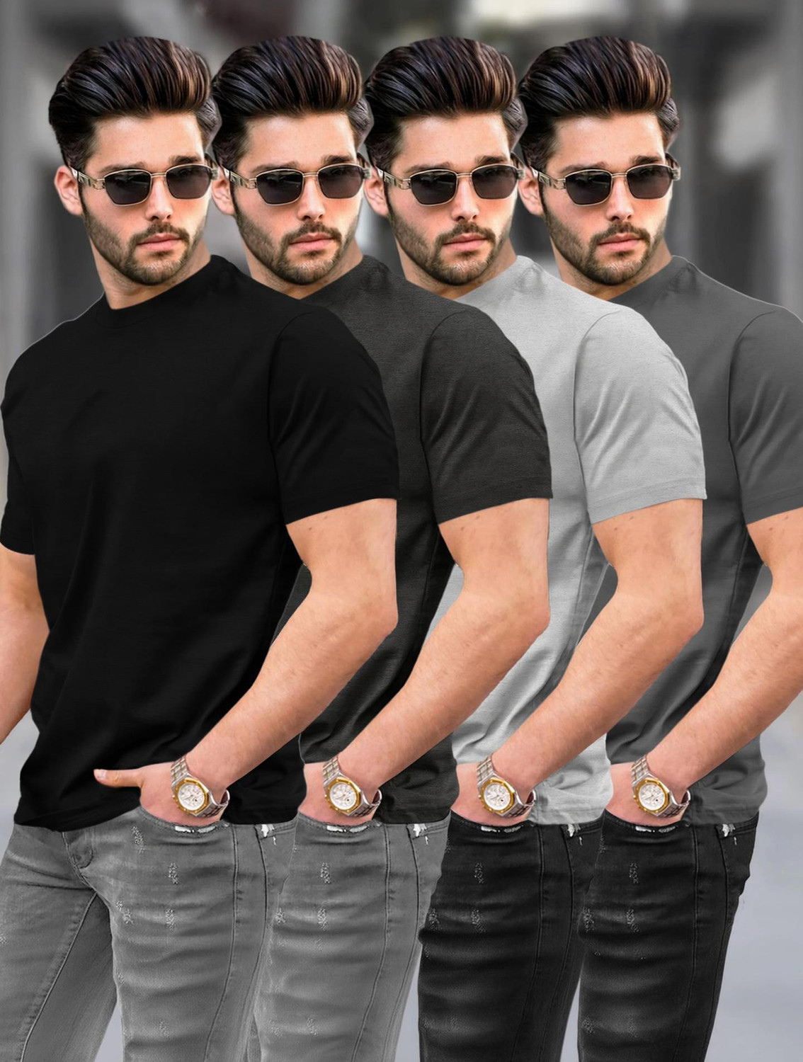 Image of TRIPR Men Solid Mandarin Collar Cotton Blend Pink, Black T-Shirt