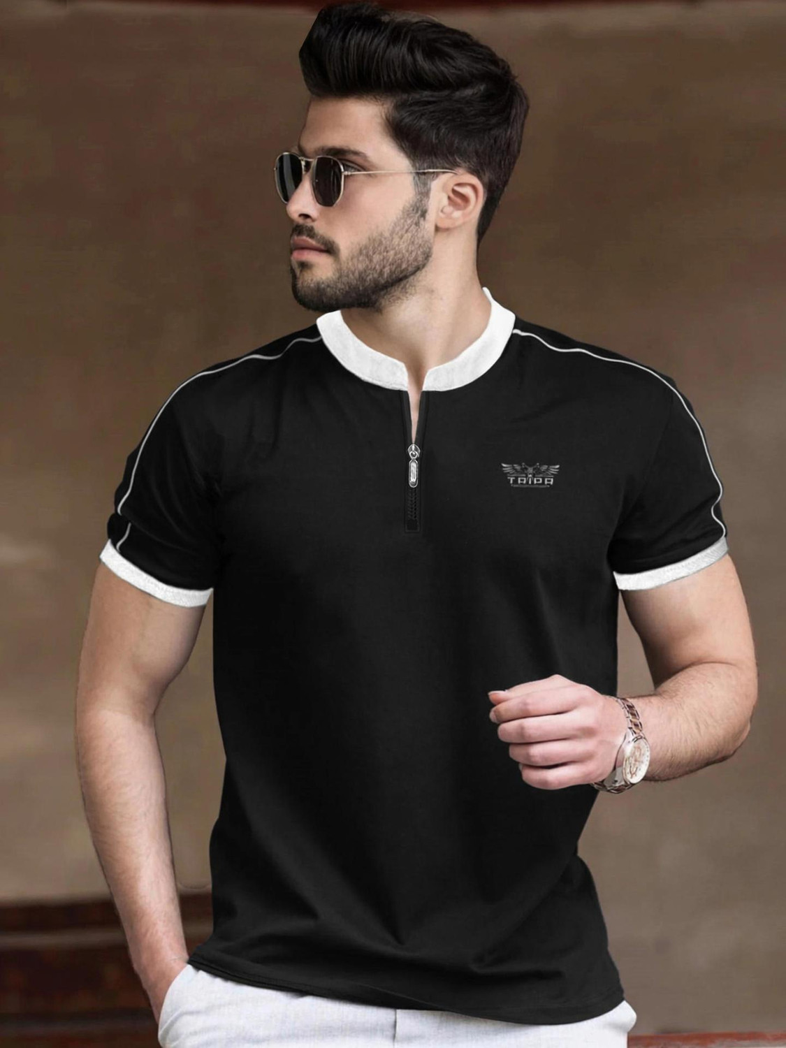 Image of TRIPR Men Solid Mandarin Collar Cotton Blend Black, White T-Shirt