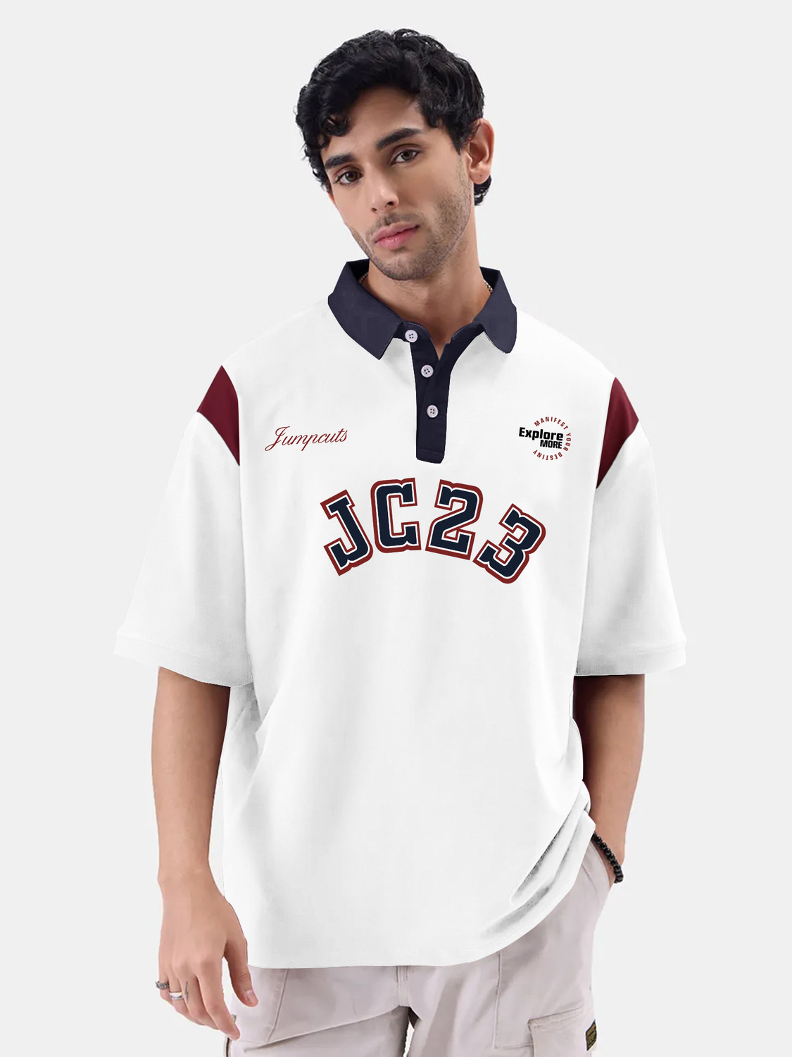 Image of Jump Cuts Men Printed Polo Neck Cotton Blend Brown T-Shirt