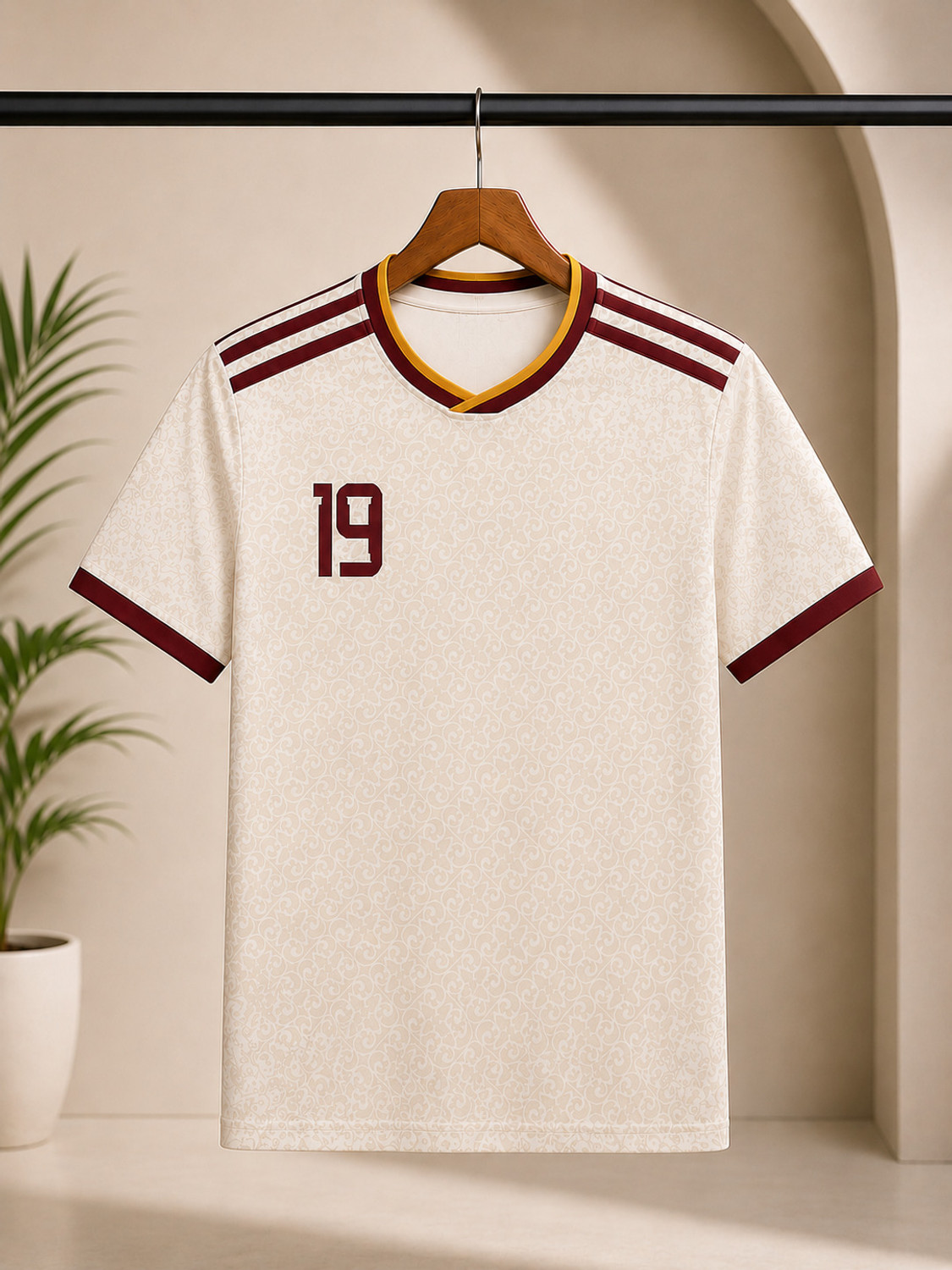 fabzy Men Striped V Neck Beige, Maroon T-Shirt - Image 1