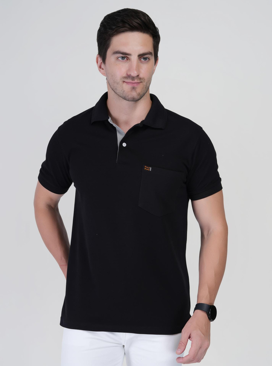 Image of Mast & Harbour Men Solid Polo Neck Pure Cotton Black T-Shirt