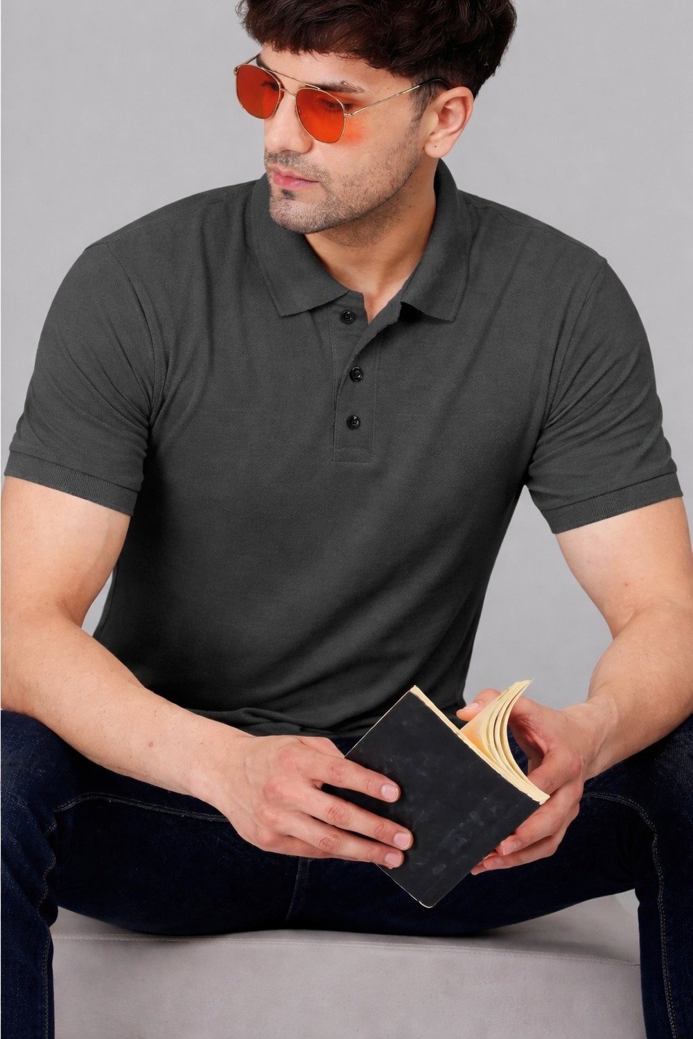 Image of LOOP STITCH Men Solid Polo Neck Polycotton Grey T-Shirt