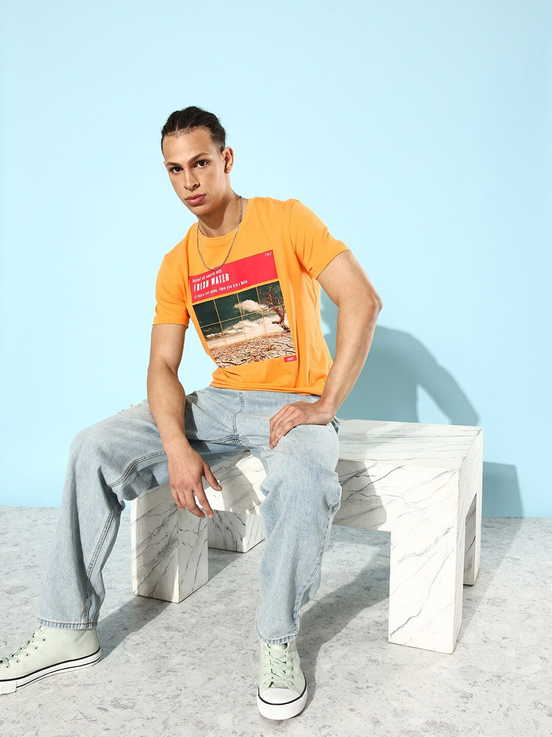 Image of WROGN Men Solid Crew Neck Pure Cotton Yellow T-Shirt