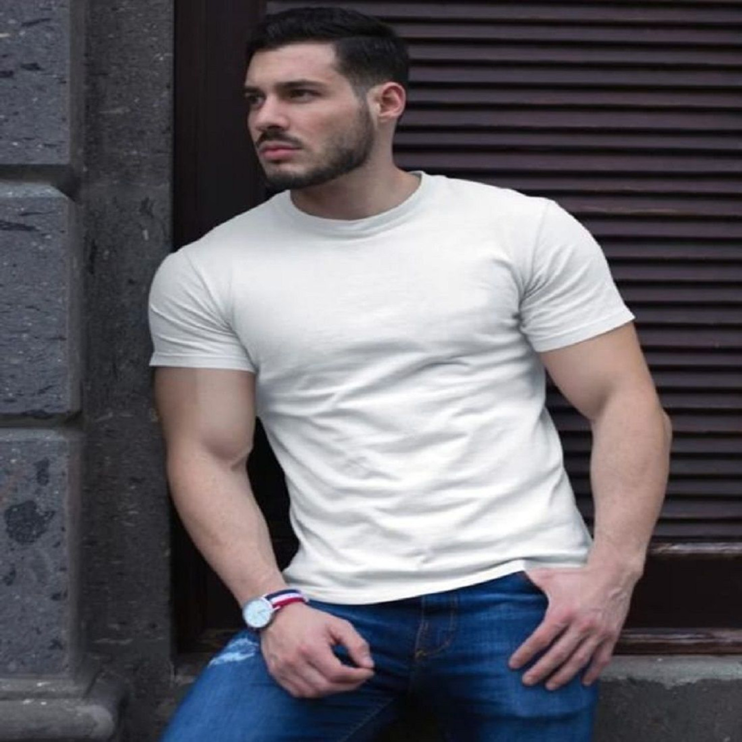 Image of TRIPR Men Solid Mandarin Collar Cotton Blend Dark Green T-Shirt