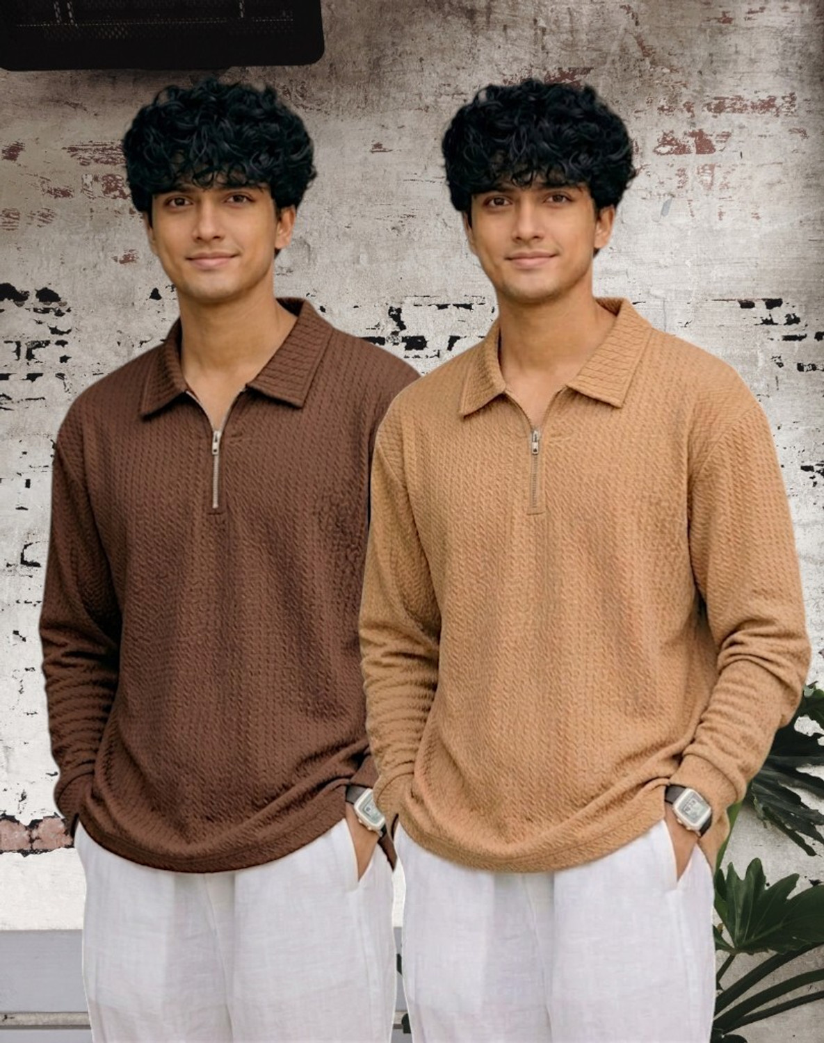 ADIXUS Pack of 2 Men Colorblock Zip Neck Polyester Beige, Brown T-Shirt - Image 1
