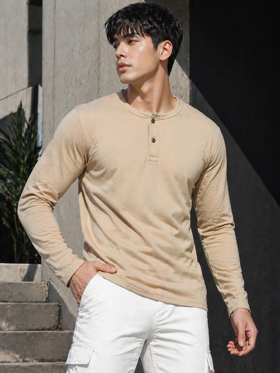 Creation London Hills Men Beige Henley Neck T-Shirt - Image 6