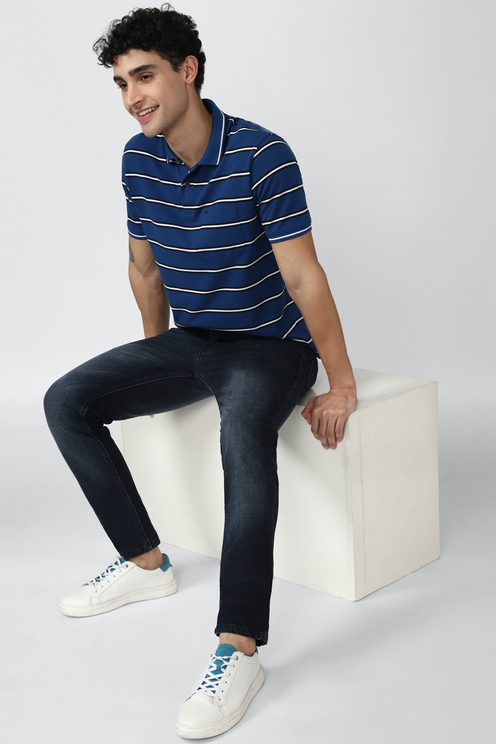 Image of PETER ENGLAND Men Striped Polo Neck Polycotton Blue T-Shirt
