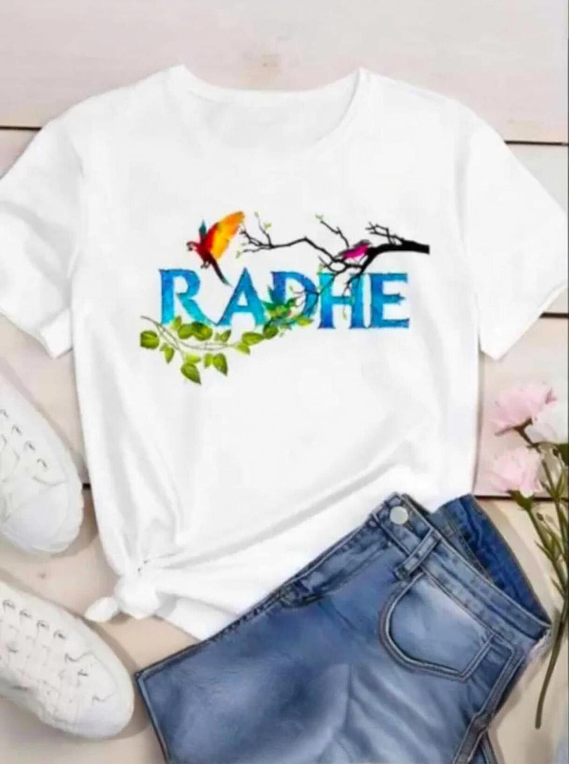 Image of RUBYKNITS Women Printed Round Neck Polyester White T-Shirt