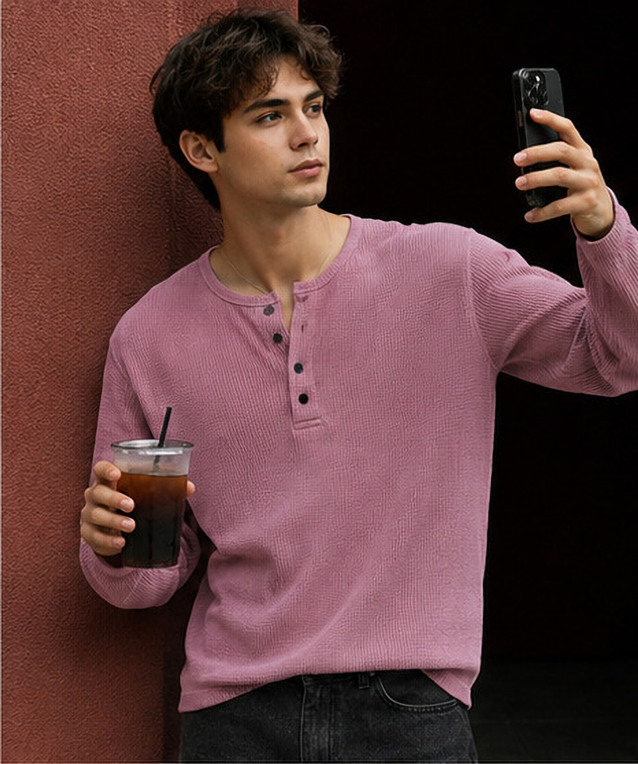 Image of NOOK Men Self Design Henley Neck Cotton Blend Pink T-Shirt