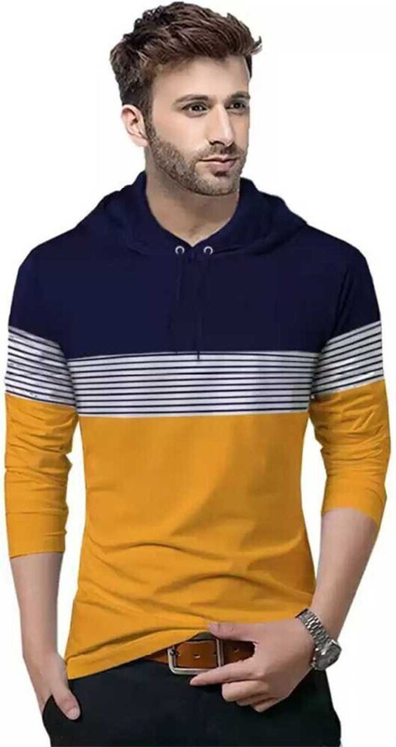 Image of BLIVE Men Printed Hooded Neck Cotton Blend Navy Blue, Yellow T-Shirt