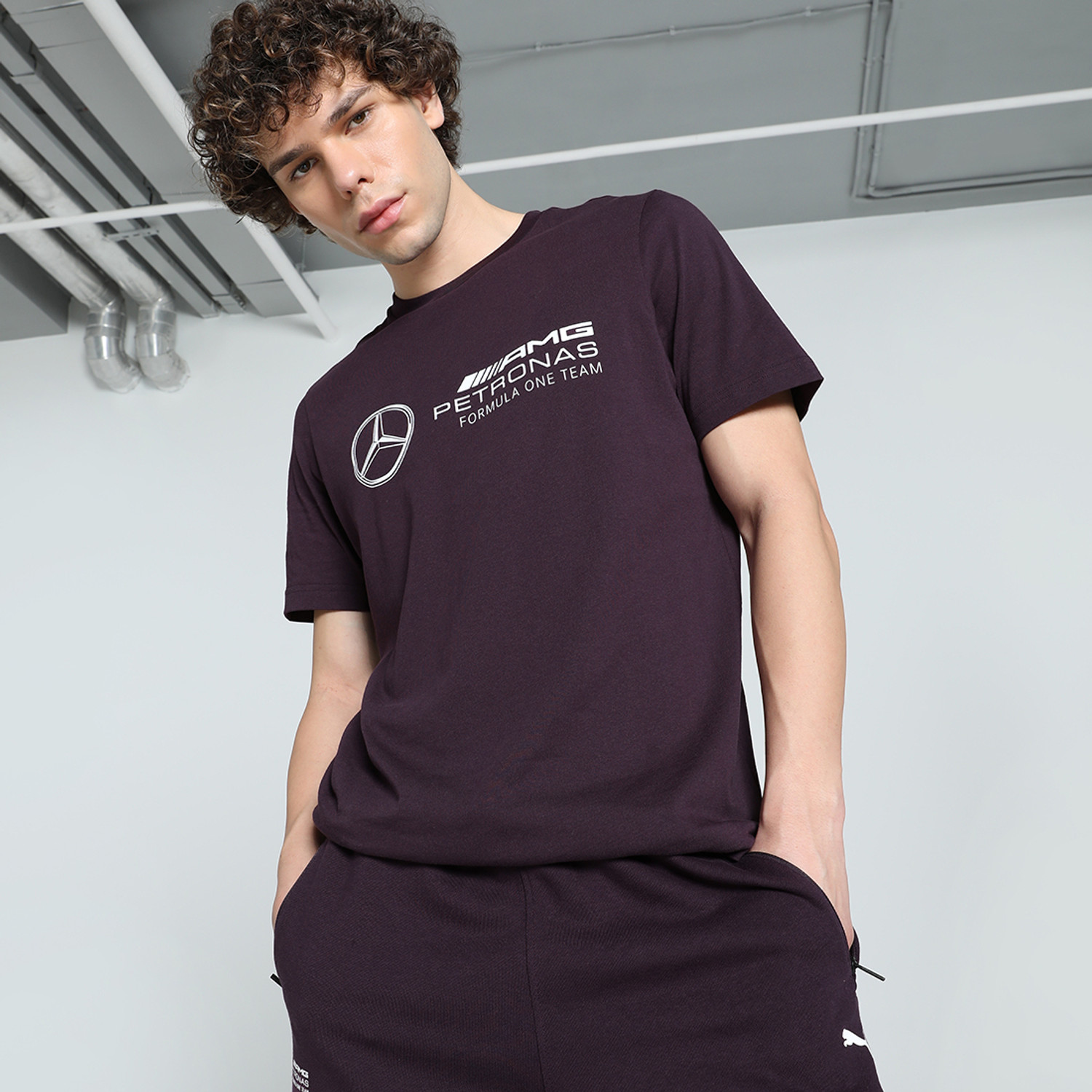 Image of PUMA Men Printed Crew Neck Cotton Blend Purple T-Shirt