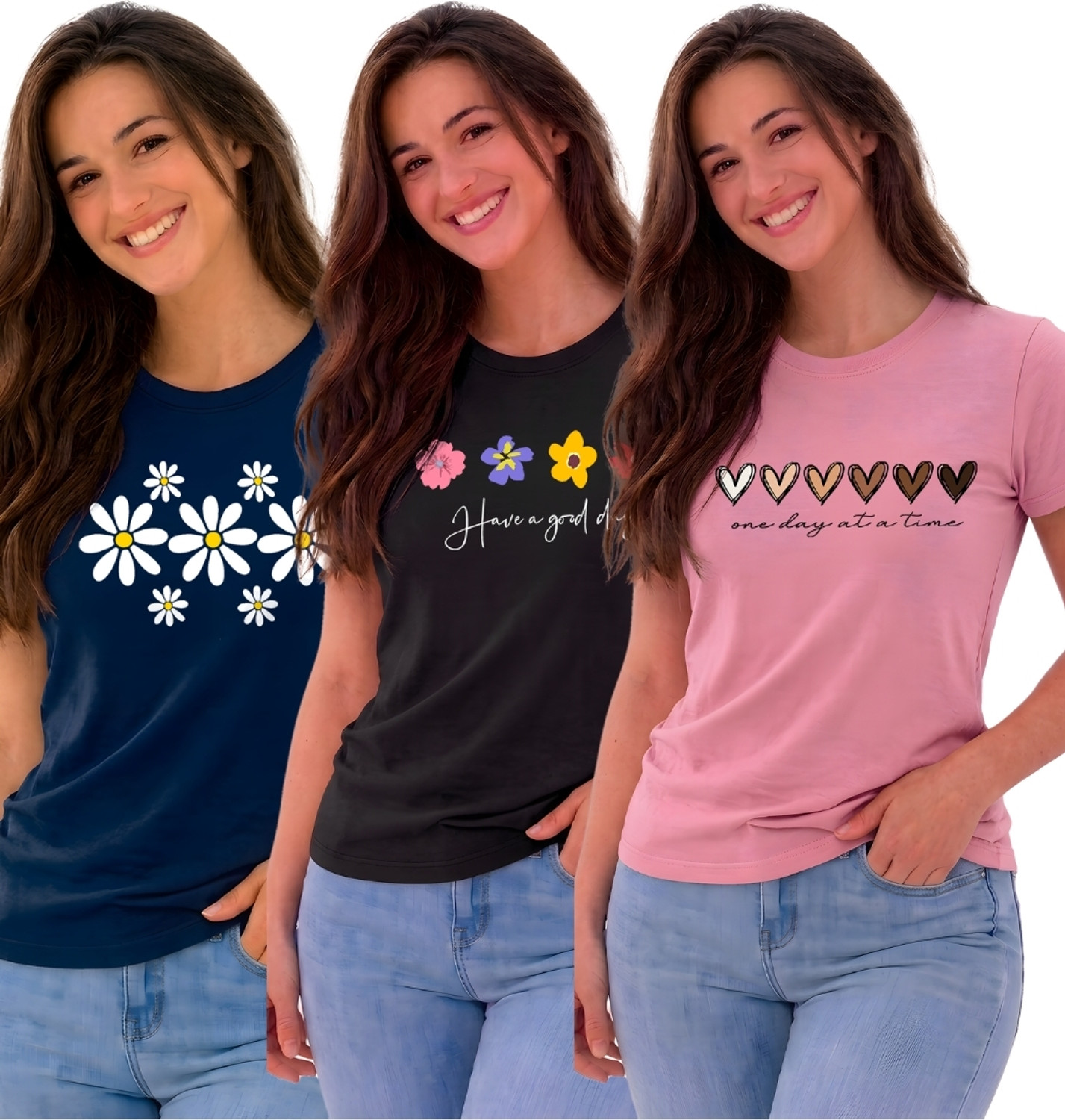 Image of ZentWorld Pack of 3 Women Printed Round Neck Cotton Blend Multicolor T-Shirt
