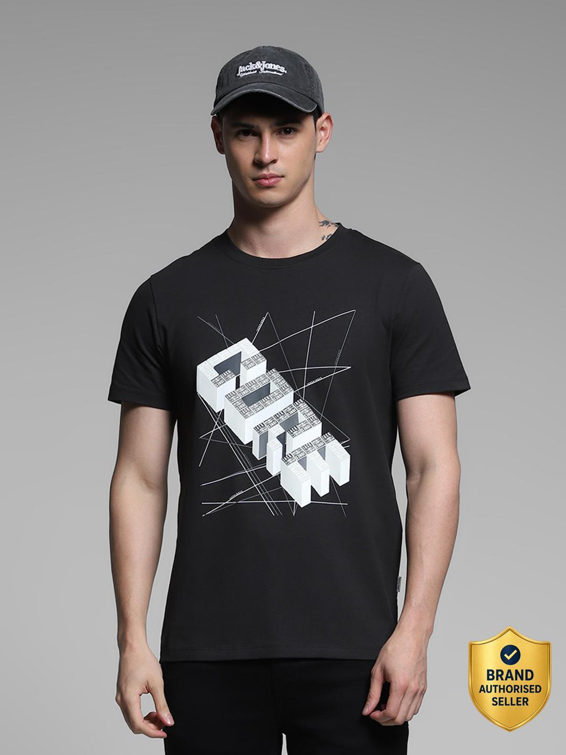 Image of JACK & JONES Men Solid Round Neck Cotton Blend Dark Blue T-Shirt