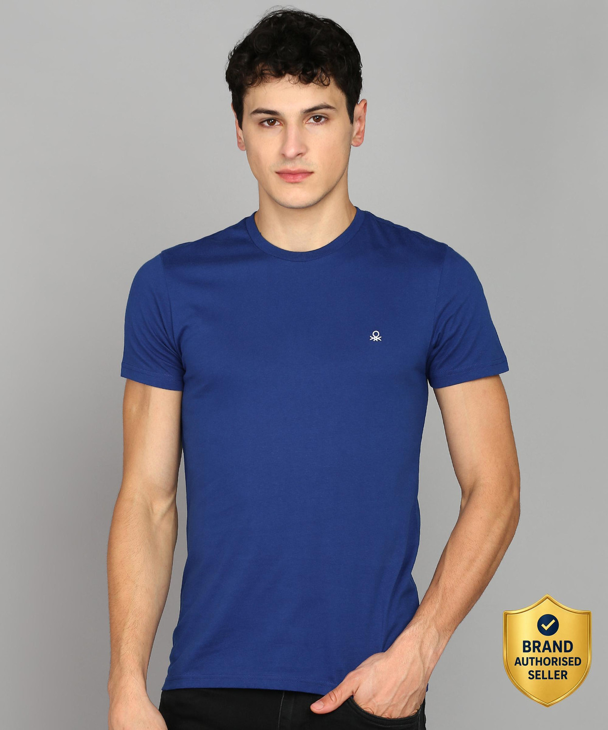 Image of United Colors of Benetton Men Solid High Neck Pure Cotton Navy Blue T-Shirt