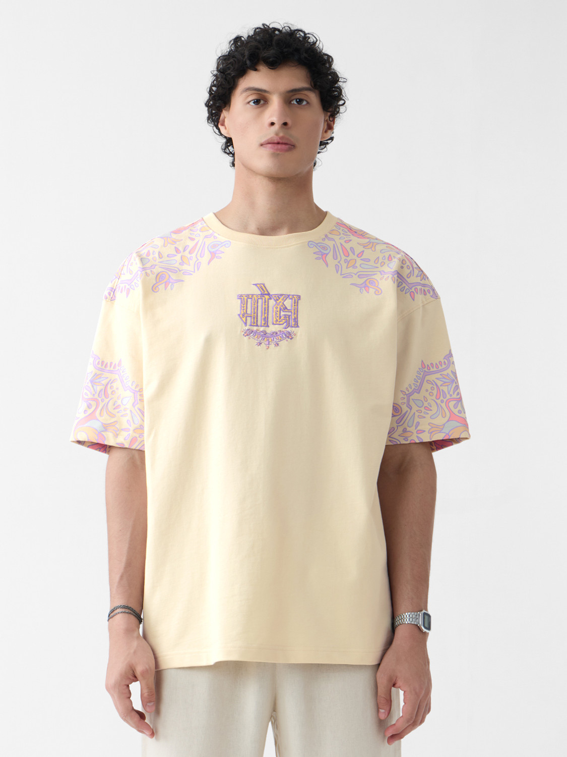 Image of The Souled Store Men Embroidered Round Neck Pure Cotton Yellow T-Shirt
