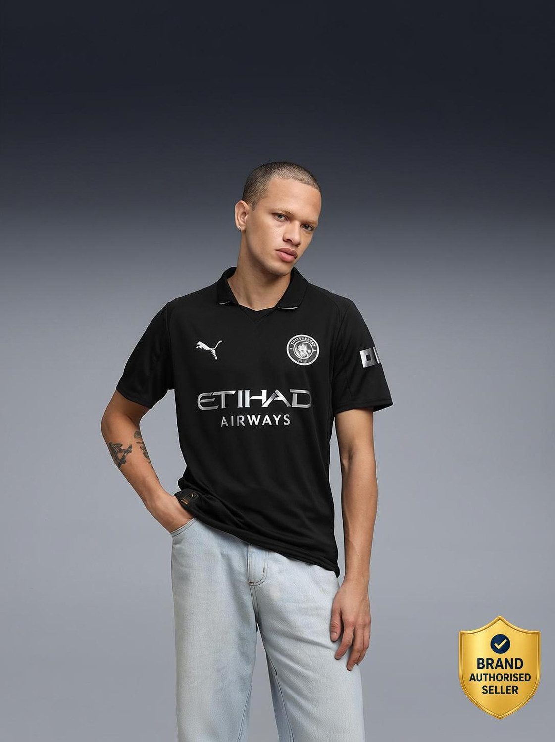 PUMA Men Printed Polo Neck Polyester Black T-Shirt - Image 1