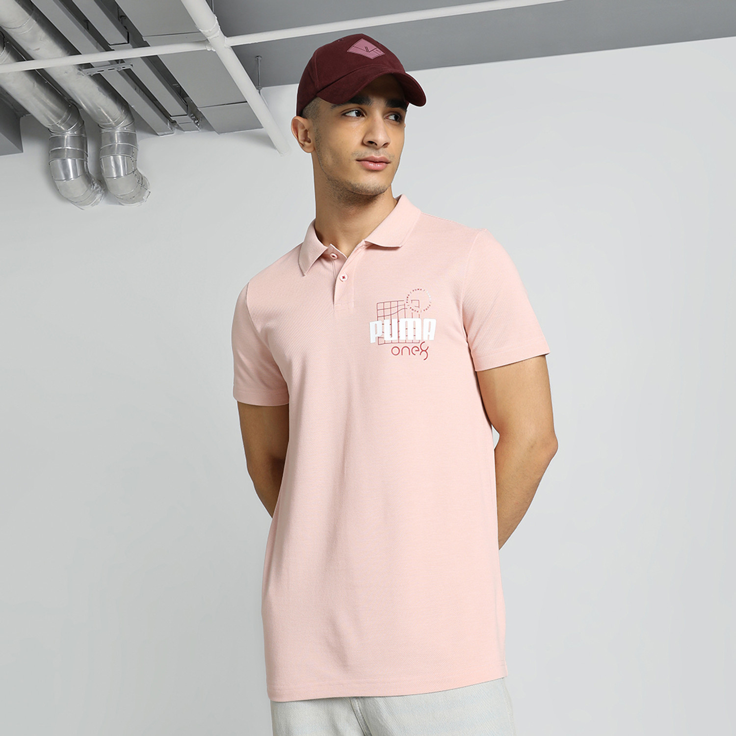 Image of PUMA Men Printed Polo Neck Cotton Blend Pink T-Shirt
