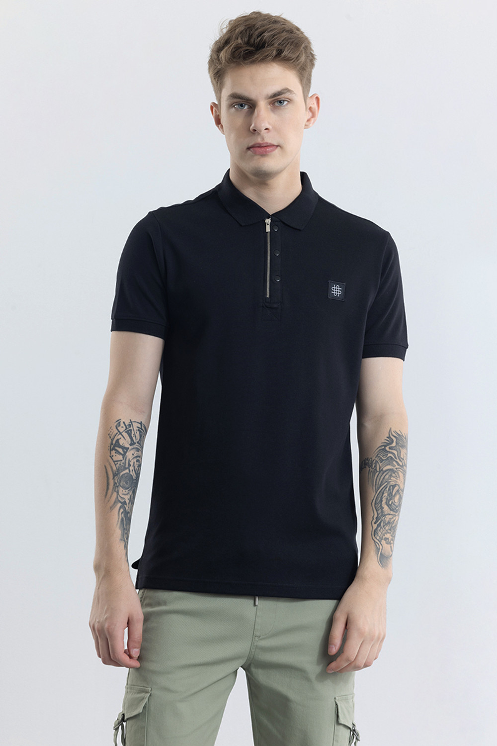 Image of Snitch Men Solid Polo Neck Pure Cotton Black T-Shirt