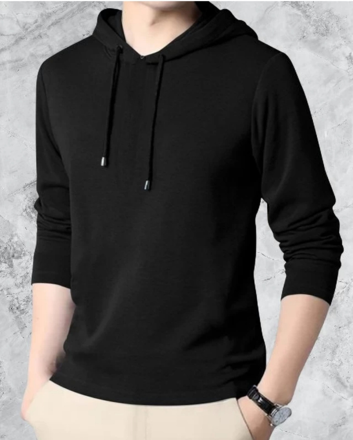 Image of TEEMEX Men Solid Hooded Neck Cotton Blend Black T-Shirt