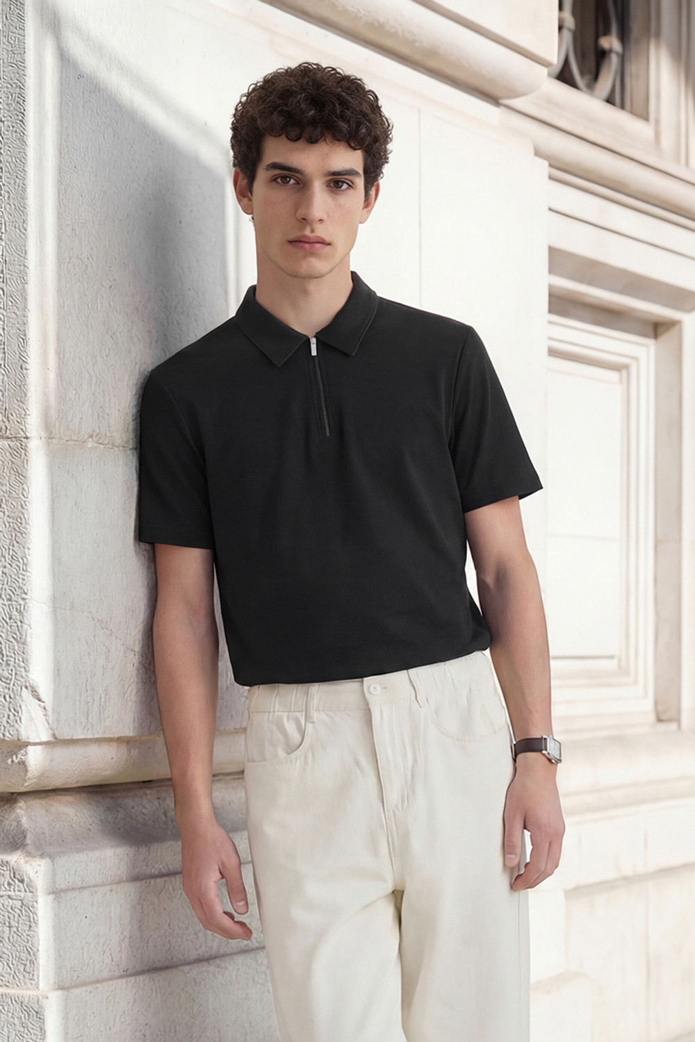 Image of Snitch Men Solid Polo Neck Pure Cotton Black T-Shirt
