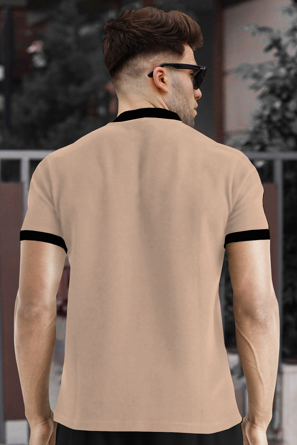 Image of TRIPR Men Solid Mandarin Collar Cotton Blend Beige T-Shirt
