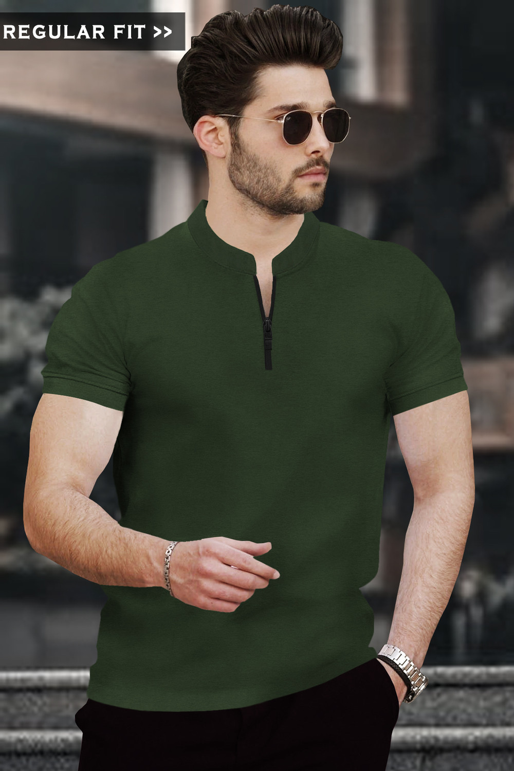 Image of TRIPR Men Solid Mandarin Collar Cotton Blend Green T-Shirt