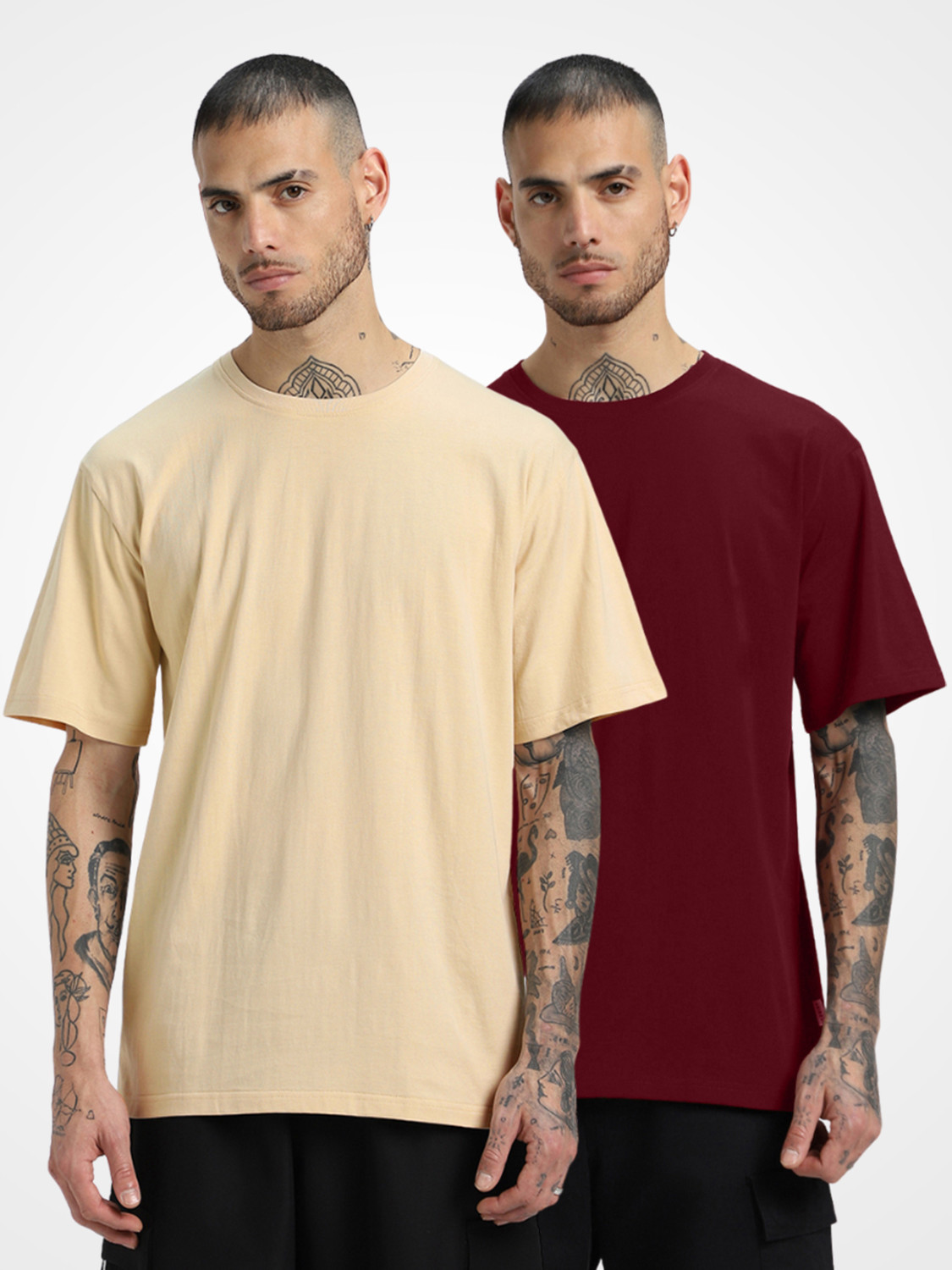 Image of Veirdo Pack of 3 Oversized Men Solid Round Neck Pure Cotton Multicolor T-Shirt