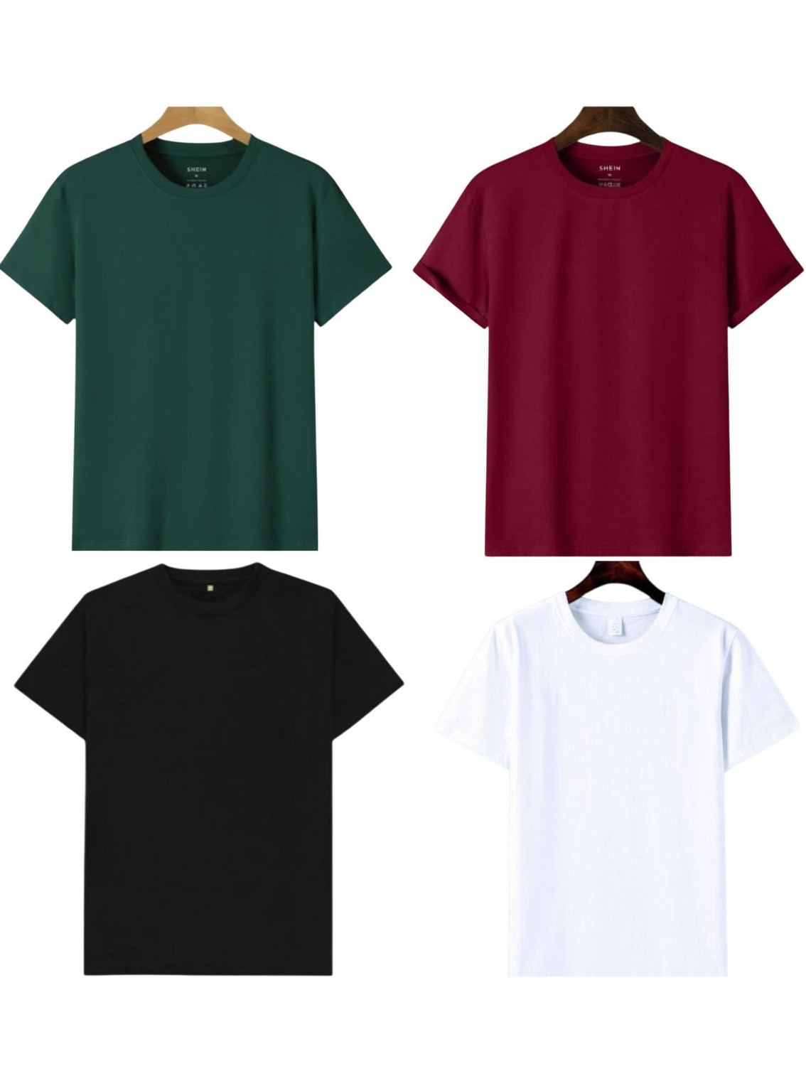 Image of P collection Pack of 4 Men Solid Round Neck Polyester White, Black, Dark Green, Maroon T-Shirt