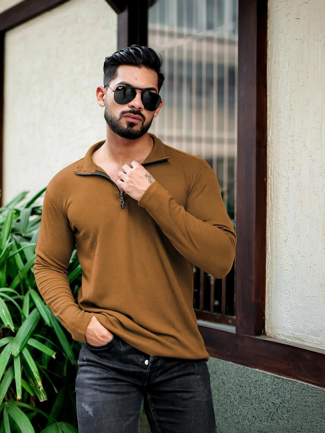 Image of Force Men Self Design Round Neck Polyester Beige T-Shirt