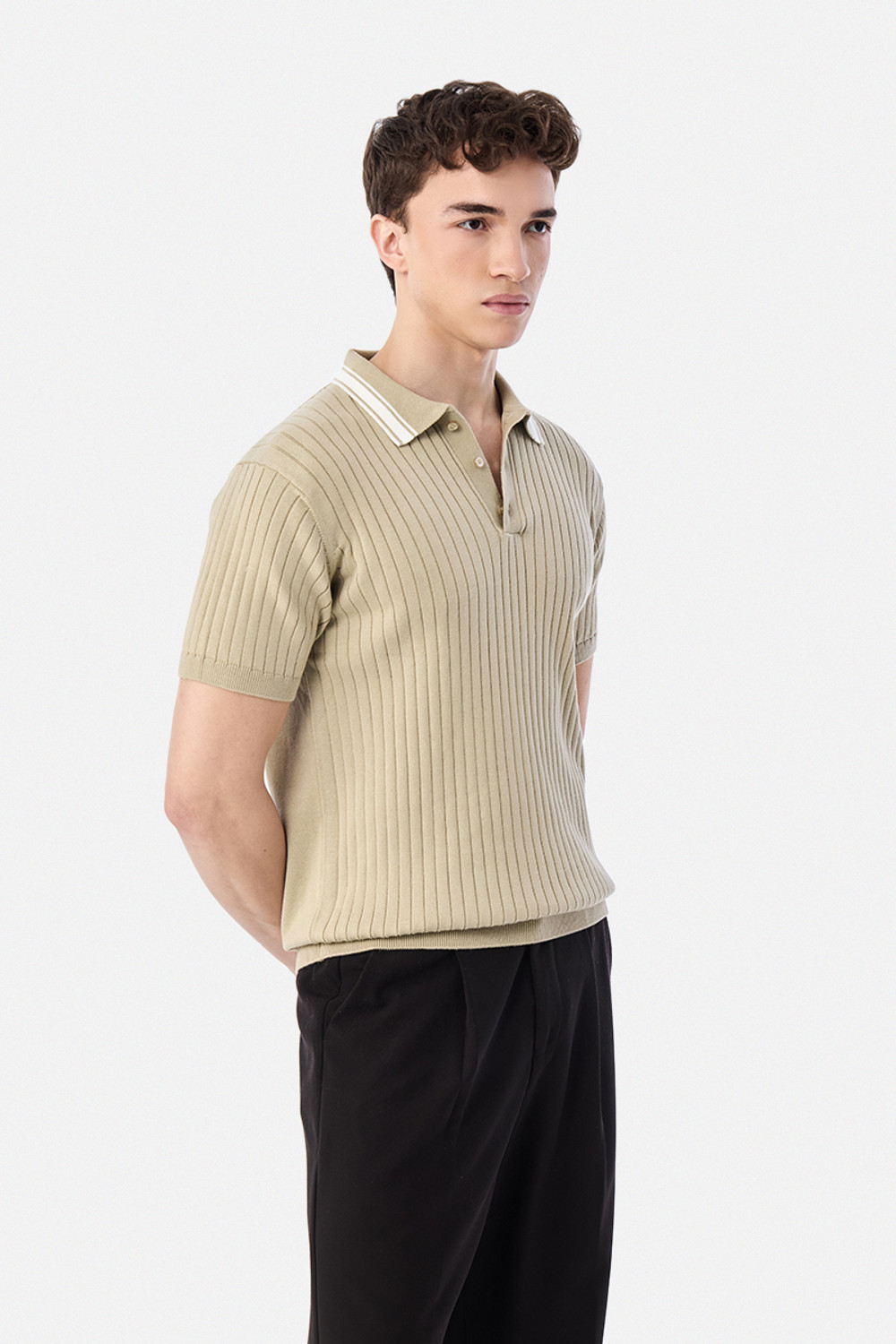 Snitch Men Beige Striped Polo Neck T-Shirt - Image 1
