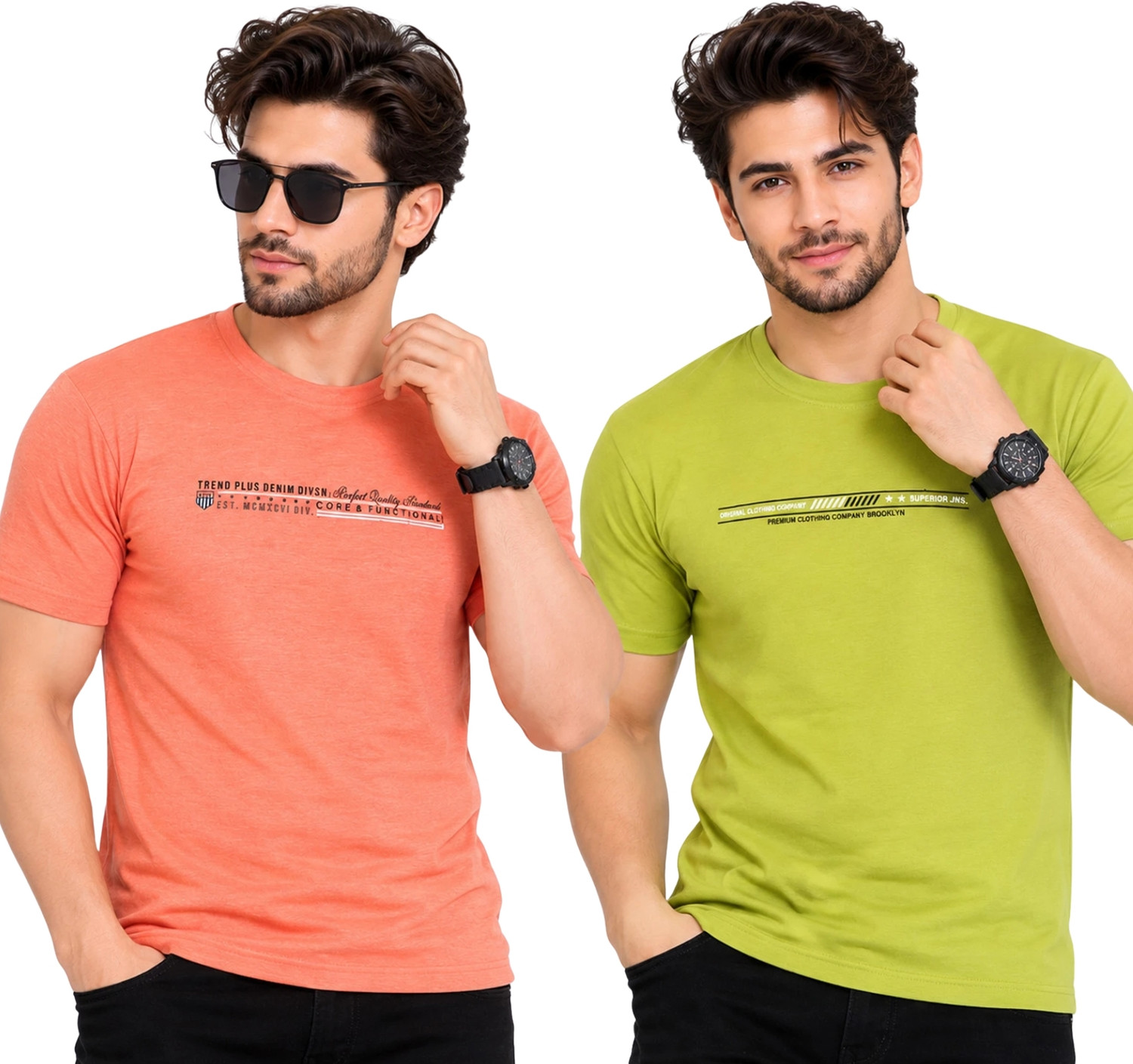 Image of R RIDACHY Pack of 2 Men Striped Round Neck Cotton Blend Multicolor T-Shirt