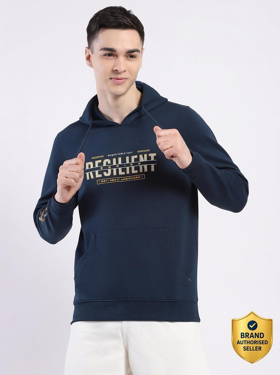 Image of MONTE CARLO Men Printed Hooded Neck Cotton Blend Grey T-Shirt