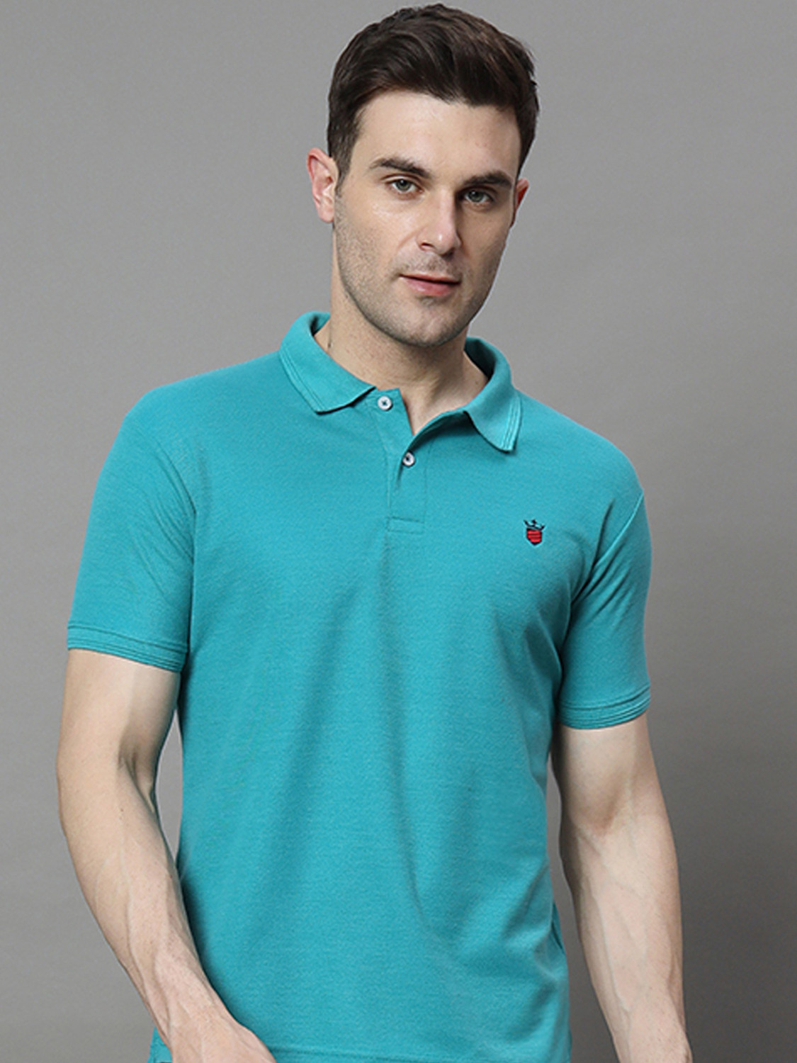 Image of RARHANPREMIUM Men Solid Polo Neck Cotton Blend Blue T-Shirt