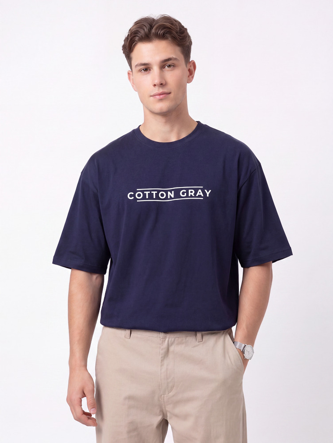 Image of French Elora Men Typography Round Neck Polyester Navy Blue T-Shirt