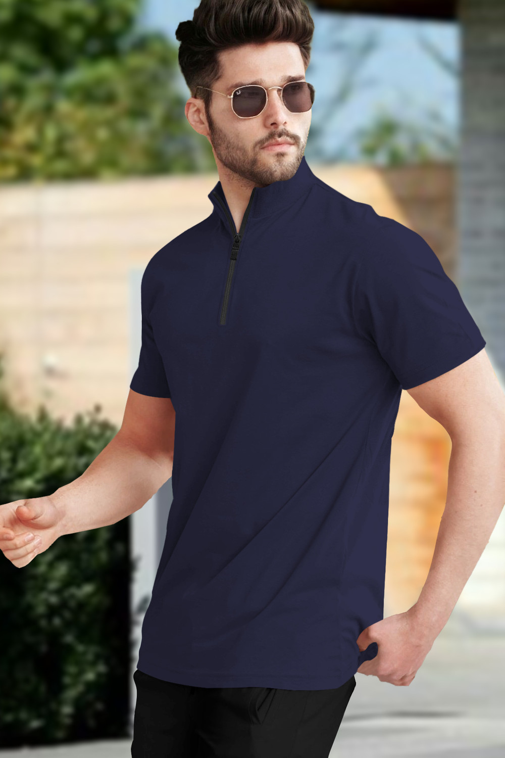 Image of TRIPR Men Solid Mandarin Collar Cotton Blend Navy Blue T-Shirt
