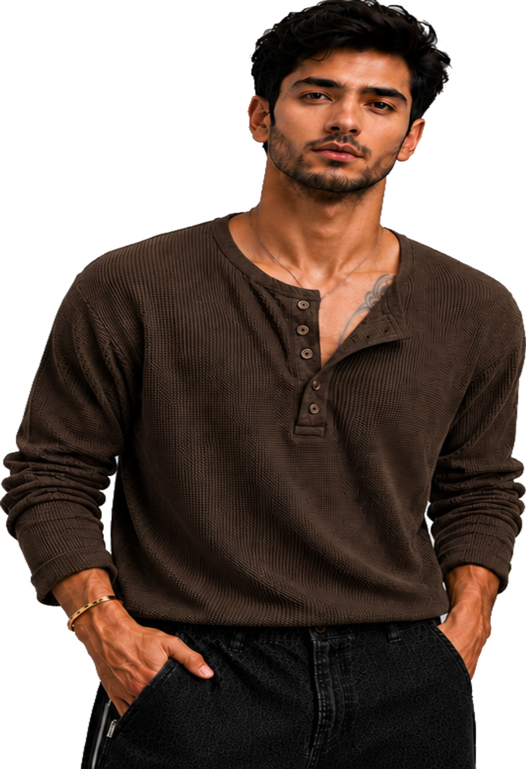 HeraDawn Men Brown Henley Neck Polyester T-Shirt - Image 1