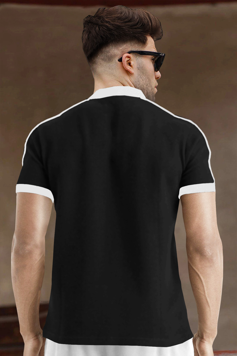 Image of TRIPR Men Solid Mandarin Collar Cotton Blend Black, White T-Shirt