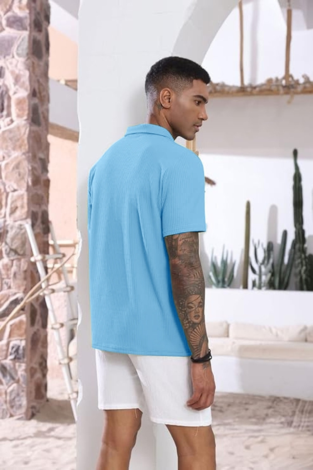 Image of Denzolee Men Self Design Zip Neck Cotton Blend Blue T-Shirt