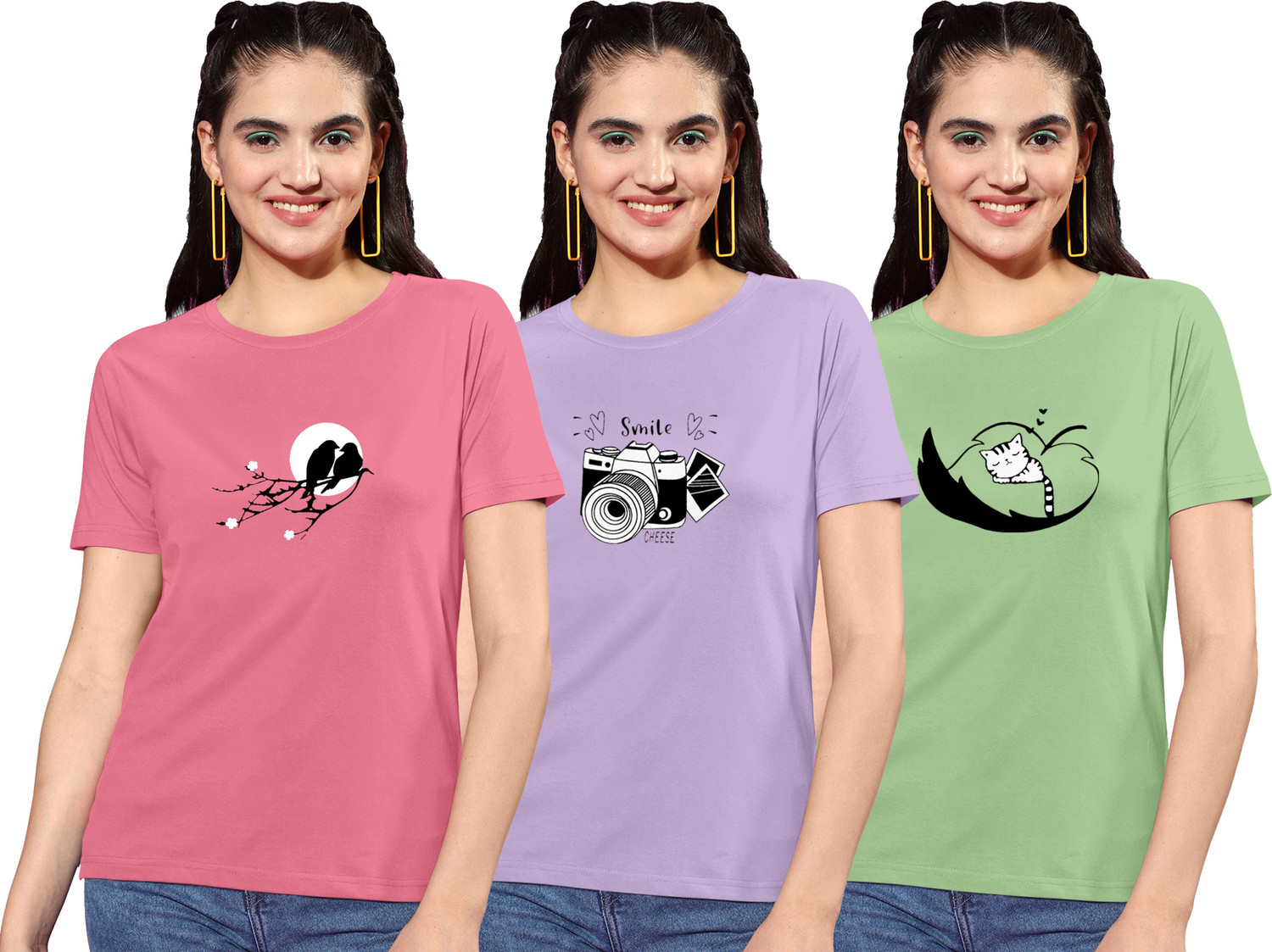 Image of ZentWorld Pack of 3 Women Printed Round Neck Cotton Blend Multicolor T-Shirt
